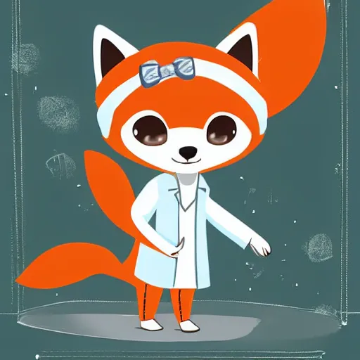 Image similar to child book digital illustration of a cute Anthropomorphic fox in a white lab coat, stunning, fluffy, high detail