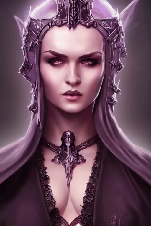 Prompt: Fantasy portrait, Necromancer, female, dark garments, dark pruple robes, midriff, Black cloak from neck to ankles, pin-up, detailed sculptured face, matte painting, artstation