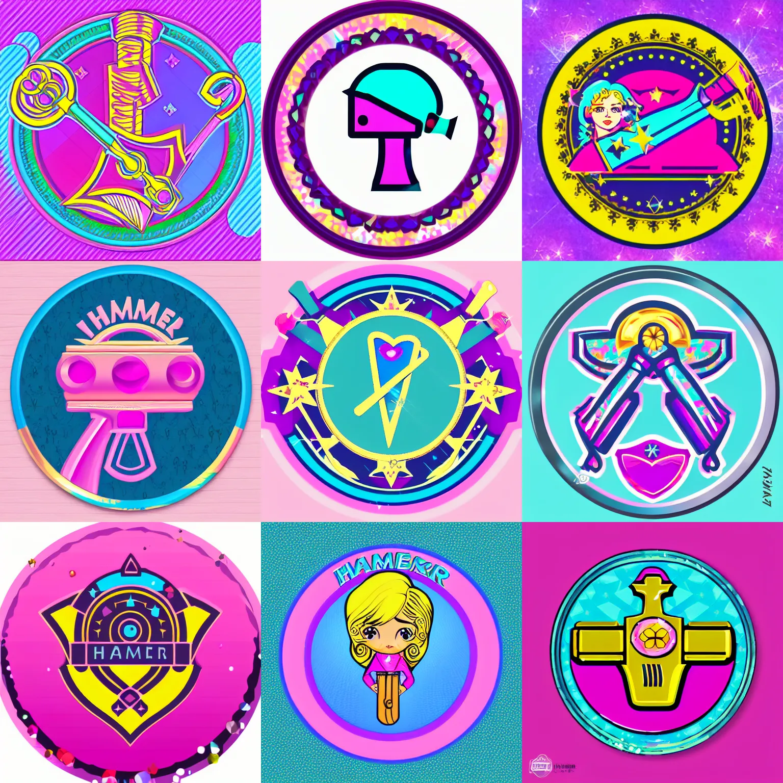 Prompt: girly proletarian hammer icon designed by lisa frank, vector graphics forum badge, svg, symmetrical, transparent background, cute, metal, enamel, cloissonne, vintage, guilloche, gem stones, gilt, swarovski, circular