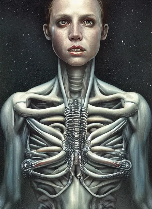 Image similar to a hyper detailed upper body portrait of ellen ripley : : 1 0 beginning a transformation into a xenomorph : : 5, by tom bagshaw, by zdzisław beksinski, trending on artstation