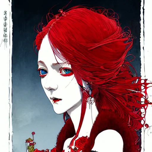 Image similar to prompt : portrait of a red haired vampire maid, painted in ian mcque style drawn by vania zouravliov and takato yamamoto, intricate acrylic gouache painting, high detail, sharp high detail