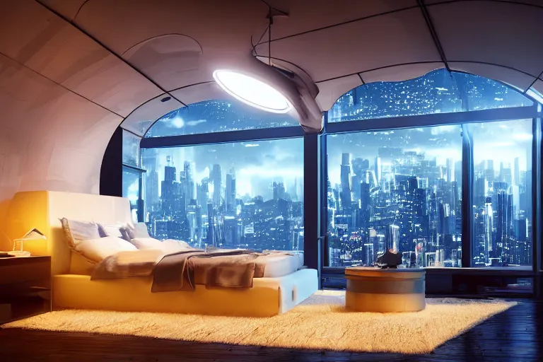 Image similar to a futuristic bedroom with large curved ceiling high windows looking out to a far future cyberpunk cityscape, cyberpunk neon lights, raining, scifi