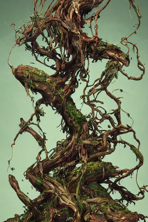 Prompt: epic 3 d oxossi, ifa deity, liquid roots and branches spinning, 2 0 mm, with brown and green water melting smoothly into herbs and wooden contraptions, fierce, shamanistic, intricate, houdini sidefx, trending on artstation, by jeremy mann and ilya kuvshinov, jamie hewlett and ayami kojima, 3 d bold