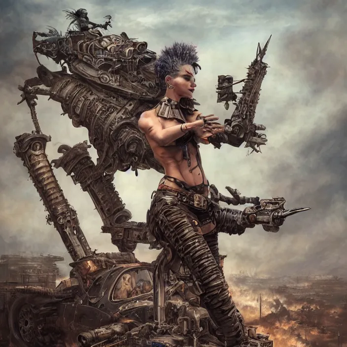 Image similar to beautiful apocalyptic woman with mohawk, standing on mad max panzer tank, hyper-detailed, smooth, sharp focus, 4k ultra hd, fantasy dark art, tank girl, artgerm, artstation, octane render, elegant, detailed digital painting, apocalyptic art, Peter mohrbacher, unreal engine, depth map