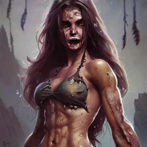 Image similar to muscular female zombie, deep focus, d & d, fantasy, intricate, elegant bikini, highly detailed, digital painting, artstation, concept art, matte, sharp focus, illustration, hearthstone, art by artgerm and greg rutkowski and alphonse mucha