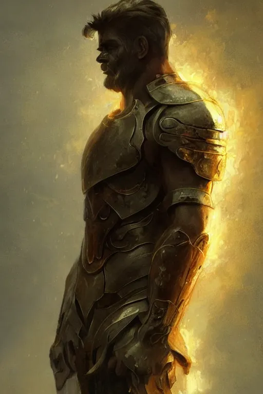 Prompt: a masculine elegant sad man lowers his head to the ground, we can see a tear rolling his face, from sideview with large shoulders, armor, and wearing golden laurel wreath, there are flames behind him, ethereal horror fantasy art by greg rutkowski and magali villanueve and monet con