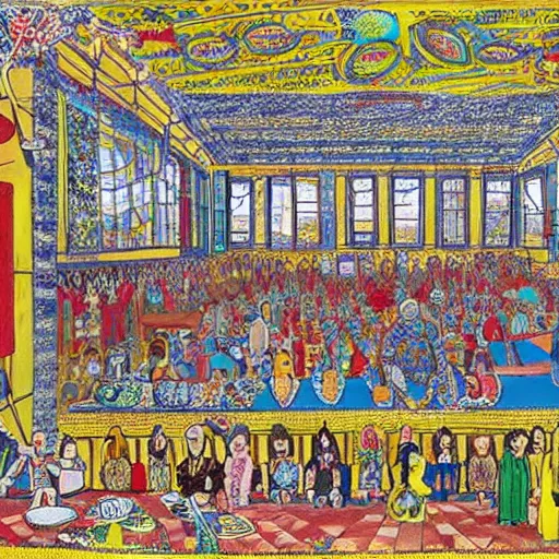 Prompt: A beautiful mixed media art of a large room with many people in it. There is a lot of activity going on, with people talking and moving around. The room is ornately decorated and there is a large window at one end. parchinkari inlay by Grayson Perry, by Edvard Munch loose