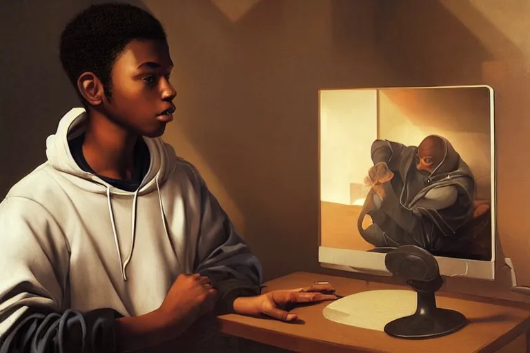 Prompt: black teen in a hoodie playing video games in his room with the reflection of the screen lighting his face, detailed digital renaissance painting by artgerm by caravaggio and face by wlop