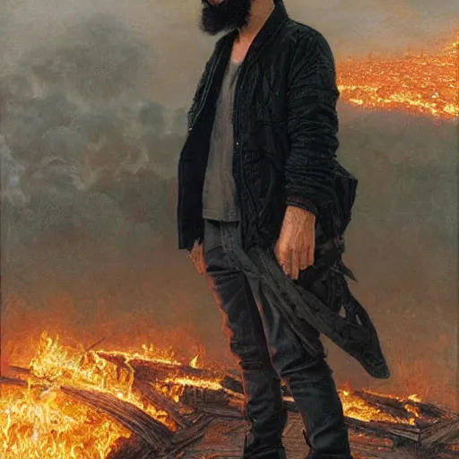 Prompt: a man with black hair and beard, wearing a black jacket and jeans, looking at a burning village in the distance, highly detailed painting by donato giancola and bayard wu, 8 k, digital art