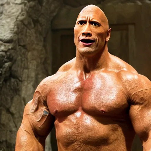 Image similar to dwayne the rock johnson as shrek, movie still