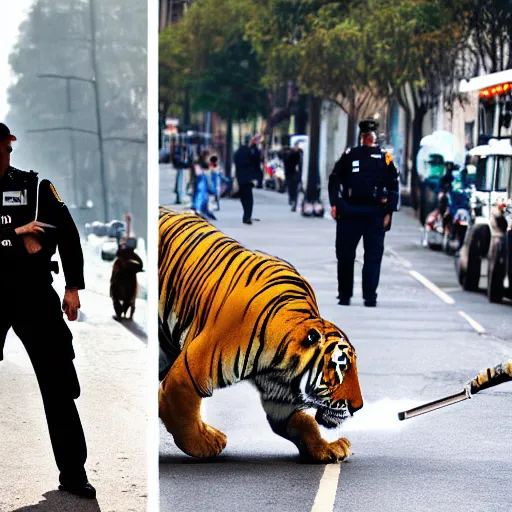 Image similar to photography of a tiger and a policeman smoking marijuana in the streets