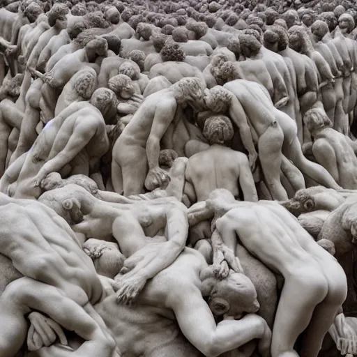 Image similar to hundreds of humans. A sea of humans. interconnected flesh. Crowdcrush. Many humans intertwined and woven together. Bodies and forms amesh. Sculpture by Auguste Rodin.