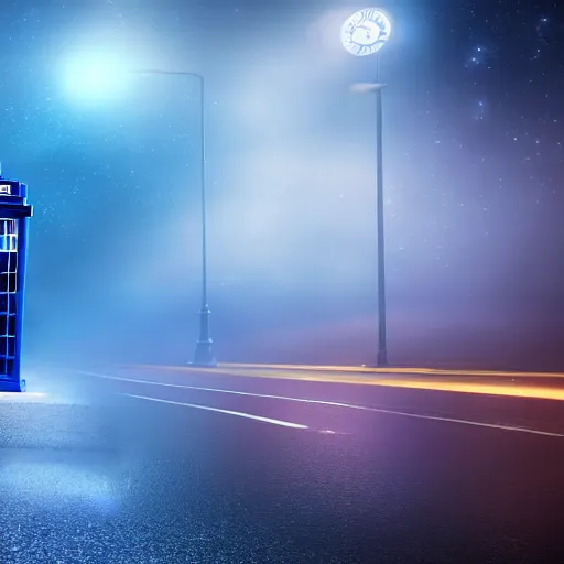 Image similar to a hyperdetailed photograph of the tardis sat on a futuristic street corner, night, dense fog, rain, hd, 8 k resolution