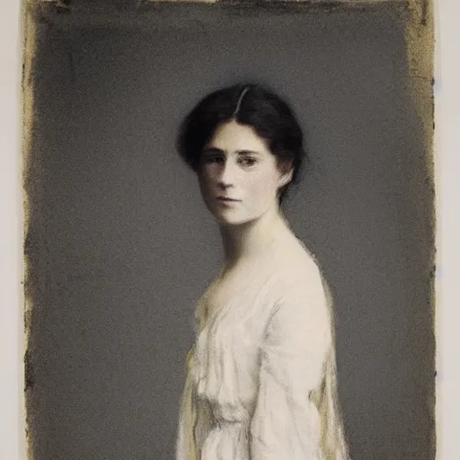 Prompt: portrait of a young action heroine, white dress, by alfred stevens in charcoal