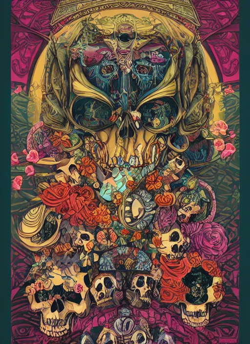 Prompt: The oracle of ancient wisdom surrounded by floral skulls, italian futurism, da vinci, Dan Mumford, Josan Gonzalez