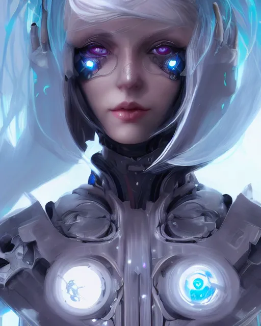 Prompt: holy cyborg necromancer girl, elegant, perfect face, scifi, futuristic, utopia, garden, illustration, atmosphere, warframe, blue eyes, white hair, artstation, nier automata, highly detailed, art by yuhong ding and chengwei pan and serafleur and ina wong