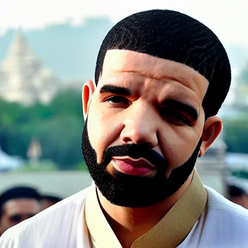 Prompt: drake the rapper photo, hindu temple in background, drake the face enhance, wearing a kurta, photograph, realistic