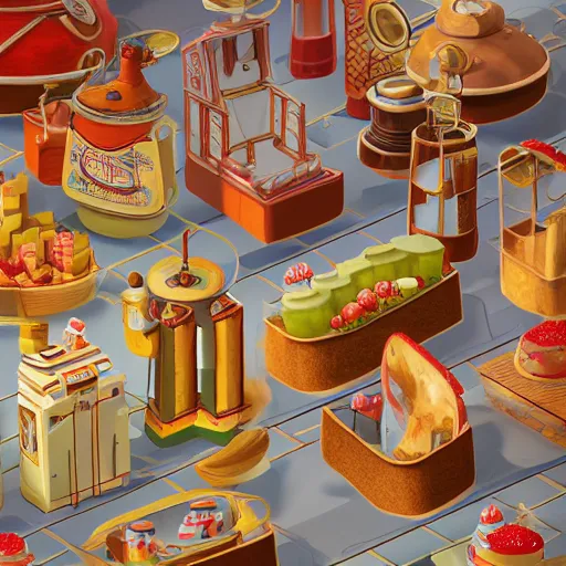 Prompt: fineline painting anthropomorphic toast in an isometric steampunk strawberry jam factory, colour pallette of strawberry shortcake, incredible detail, vray render subsurface scatter drum scanner, intricate complexity, golden ratio, cartoon animation pendleton ward, 8 k detail