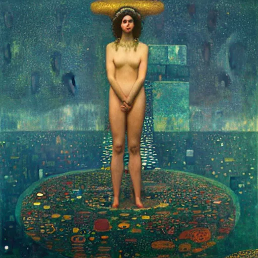 Image similar to portrait of a surreal goddess floating in front of a futuristic ancient Atlantis, painting by Gustav Klimt and Greg Rutkowski