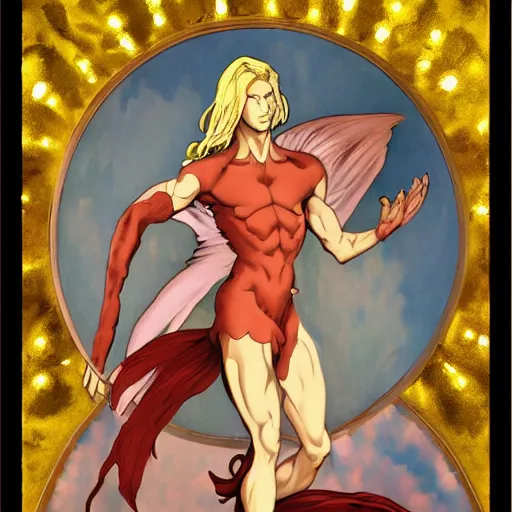 Image similar to A extreme long shot, stunning, breathtaking, awe-inspiring, award-winning, ground breaking, concept art, nouveau painting, of Lucifer, extra-light natural blonde hair, sophisticated well rounded face, bright glowing eyes like LEDs, Lean Body, porcelain looking skin, standing tall invincible over the remains of Heaven, posing as a JoJo character, by Michelangelo, Alphonse Mucha, Caravaggio, Renaissance period, Dark Fantasy mixed with Socialist Realism, exquisite, dramatic, hyperrealistic, atmospheric, cinematic, trending on ArtStation , photoshopped, deep depth of field, intricate detail, finely detailed, small details, extra detail, attention to detail, symmetrical, high resolution, 3D, PBR, path tracing, volumetric lighting, octane render, arnold render, 8k