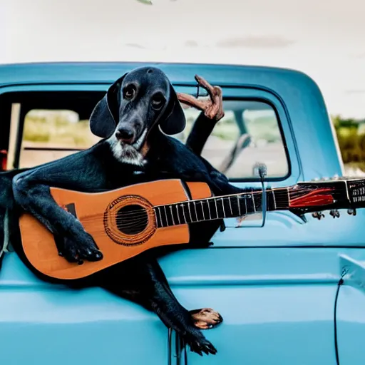 Image similar to A folkpunk brown hound dog playing the guitar in front of a pickup truck after the apocalypse