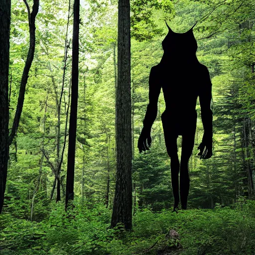 Image similar to beautiful Appalachian forest with a wendigo looming in the background