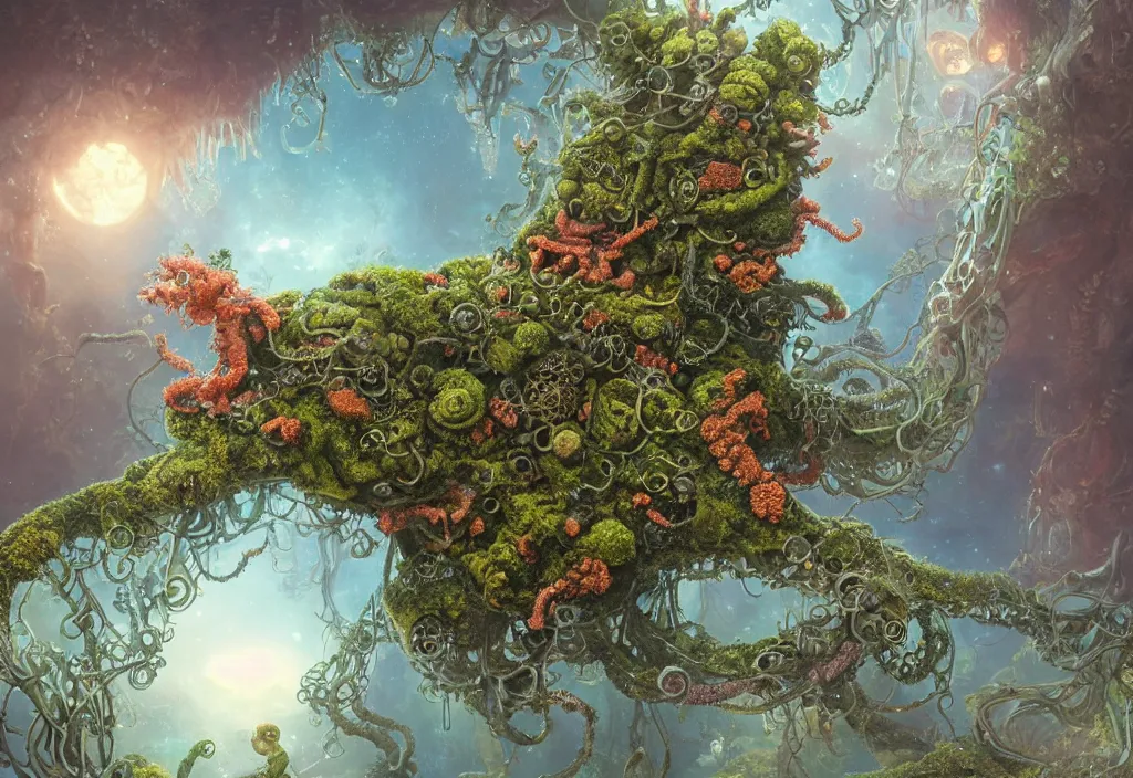 Image similar to illustrationand highly detailed render of a strange moss fungus and coral creature, lovecraftian, steampunk, biological, milky way environment, ultra realistic, concept art, intricate details, cheerful, highly detailed, photorealistic, octane render, 8 k, unreal engine. art by hr guger and artgerm and greg rutkowski and alphonse mucha