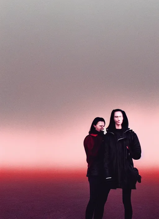 Image similar to cinestill 5 0 d photographic portrait of two loving female androids wearing rugged black techwear on a desolate plain with a brutalist monument and a red sky, extreme closeup, cyberpunk style, dust storm, 8 k, hd, high resolution, 3 5 mm, f / 3 2, ultra realistic faces, ex machina