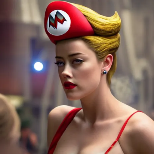 Image similar to amber heard as super mario, highly detailed, extremely high quality, hd, 4 k, 8 k, canon 3 0 0 mm, professional photographer, 4 0 mp, lifelike, top - rated, award winning, realistic, detailed lighting, detailed shadows, sharp, no blur, edited, corrected, trending