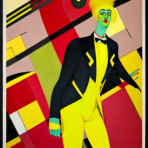 Image similar to art by joshua middleton, the yellow creeper, a tall manically smiling yellow - skinned man with green and black striped cycling shorts and wearing a long red and black striped ostrich feather boa, yellow makeup, mucha, kandinsky, poster, art deco motifs, comic art, stylised modern design, scarlet feather boa