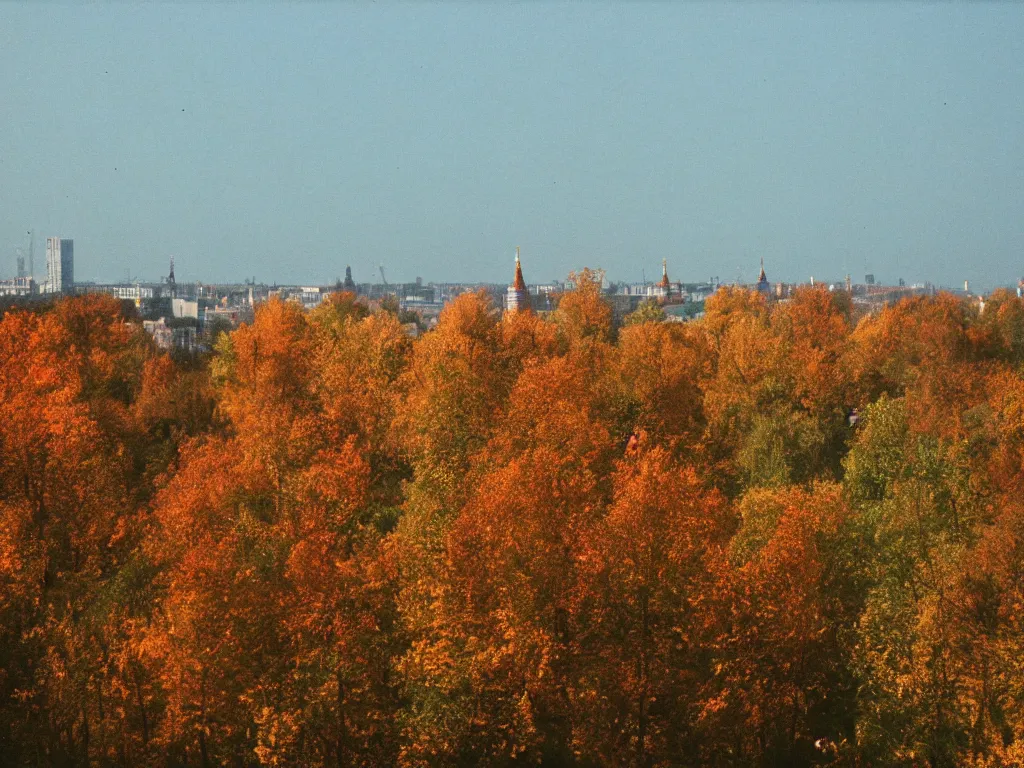 Prompt: a lomographic photo of a view of the outskirts of moscow, autumn, cinestill, bokeh