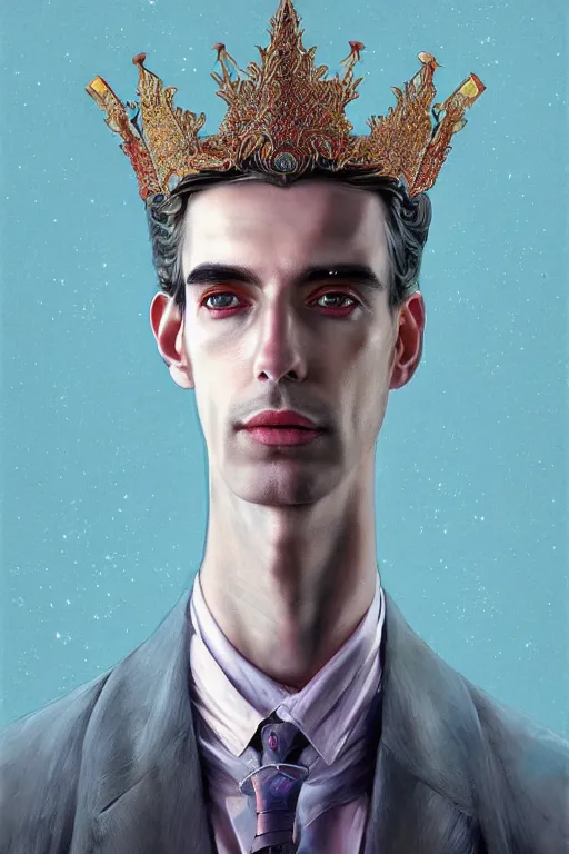 Prompt: portrait of a tall thin man wearing an elaborate crown, straight on portrait, by artgerm, tom bagshaw, gerald brom, vaporwave colors, lo fi colors, vaporwave, lo fi, 2 point studio lighting, dramatic lighting, creepy aesthetic, 4 k, hd,