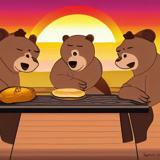 Image similar to a big muscular manly bear grilling pancakes at sunrise, digital art