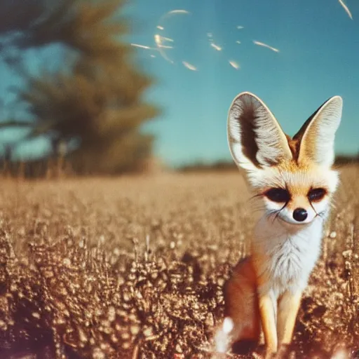 Prompt: kodak ultramax 4 0 0 photograph of a fennec fox in disco club, grain, faded effect, vintage aesthetic, vaporwave colors, disney, cute, furry! dream foxes frolicking in a field of cotton candy