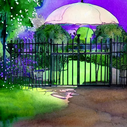 Image similar to delicate, chairs, garden, paved, botanic watercolors, iridescent, 8 k, realistic shaded, fine details, artstation, italian, iron gate, tree, mediterranean, neon