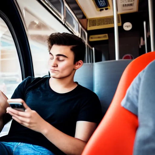 Image similar to a tired young university student in a black shirt with slick hair and round face is riding in a crowded bus. student is holding a bottle of dark beer and is looking at his smartphone. professional photo, 4 k, bokeh, 5 0 mm