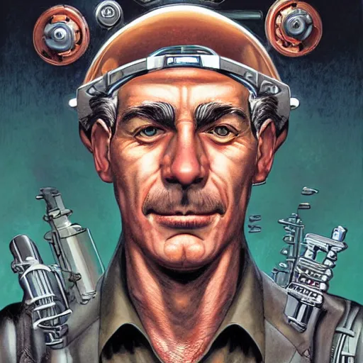 Image similar to a face on portrait of an engineer, by glenn fabry and jason edminston