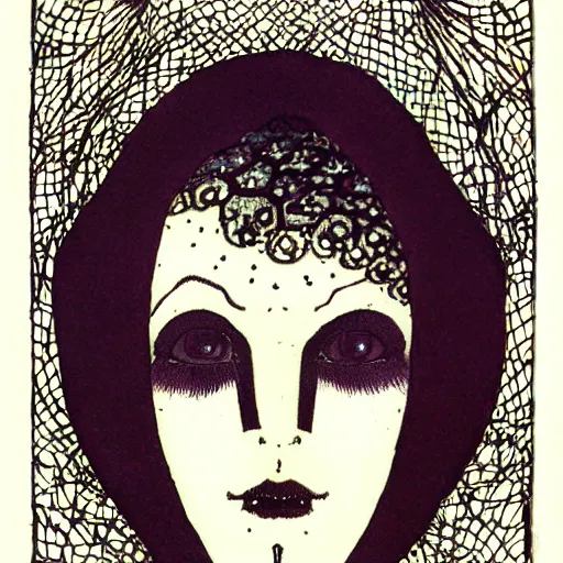 Prompt: illustration of a woman's face from front in style of harry clarke