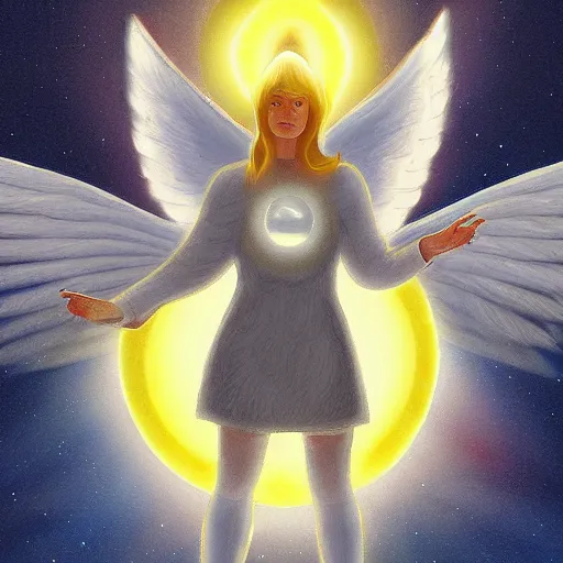 Image similar to a angel of light protecting planet earth drawn by boris valejo