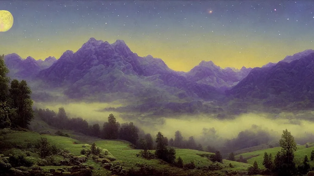 Image similar to Panoramic painting where the mountains are towering over the valley below their peaks shrouded in mist. The moon is just peeking over the horizon and the purple sky is covered with stars and clouds. The river is winding its way through the valley and the trees are blue and pink, by Thomas Kincade