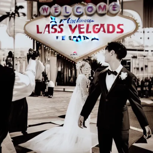 Image similar to taekook getting married in las vegas, 8 k, ultra realistic