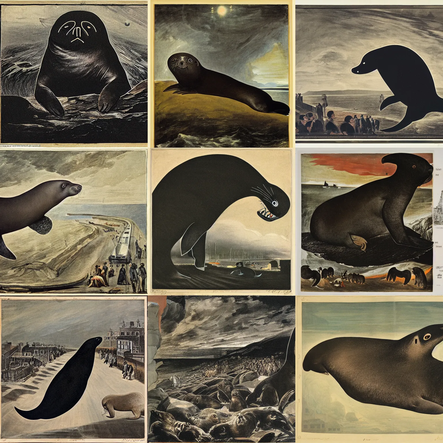 Prompt: a very giant old south american fur seal australis in a route full of cars, by goya, russian constructivism, zoom out, dramatic ilumination