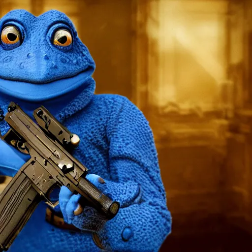 Image similar to cinematic shot of an anthropomorphic frog wearing a blue suit holding a black ak-47 in a swamp, highly intricate, highly detailed, epic,