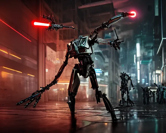 Image similar to photo of the iconic scene where general grievous with 4 arms holding 4 activated lightsabers in the rain. cyberpunk horror style. highly detailed 8 k. intricate. nikon d 8 5 0 5 5 mm. award winning photography.