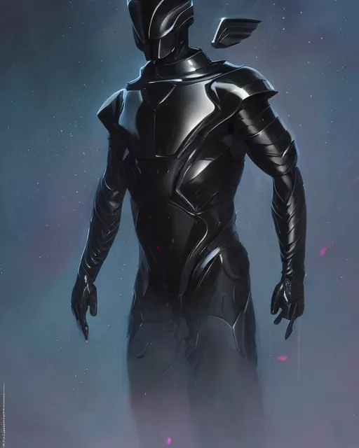 Image similar to iridescent wiry muscular male smooth sleek glossy black pearlescent scifi armor with smooth black featureless visor, by greg rutkowski and mark brookes and jim burns and tom bagshaw and magali villeneuve, trending on artstation