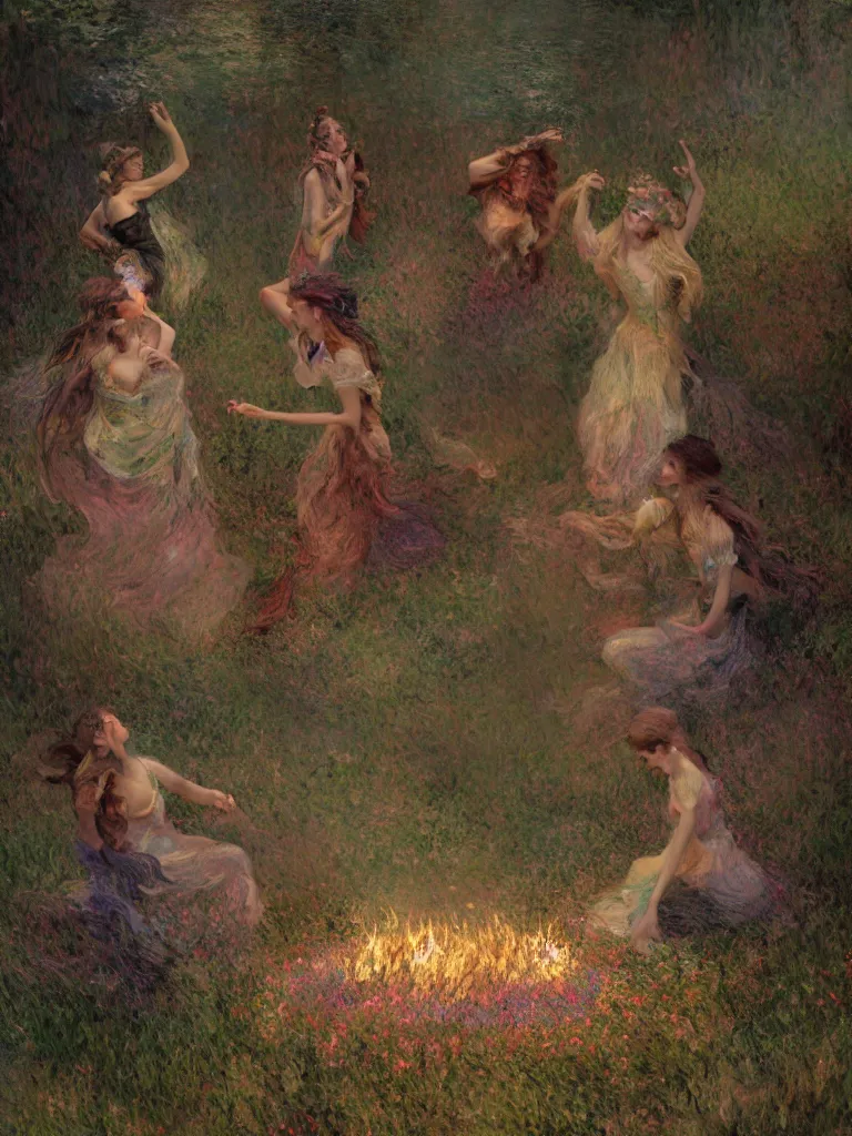 Image similar to illustration studio portrait of witches dancing and floating around a big firepit in artistic poses at the forest in a witch's dark coven, monet painterly motives and textures pattern, hyper detailed, octane render, vivid colors, artstation, by jeremy mann, by alphonse mucha, by monet