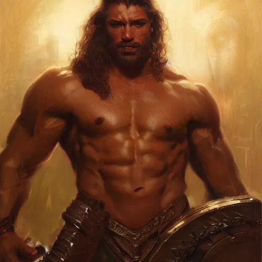 Prompt: handsome portrait of a spartan guy bodybuilder posing, radiant light, caustics, war hero, monster hunter, by gaston bussiere, bayard wu, greg rutkowski, giger, maxim verehin