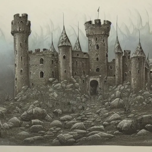 Prompt: A desolate castle overrun by undead, dark, high detail