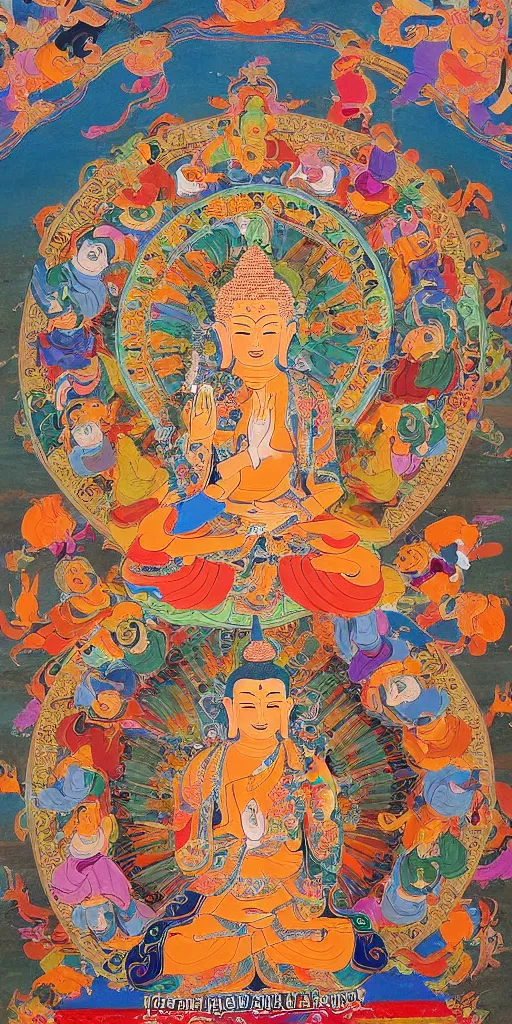 Prompt: The painting shows the Buddha Lotus in the center of a mandala. He is surrounded by a group of bodhisattvas and other figures. The whole painting is done in a bright, colorful style. by a Tibetan artist in the 13th century., Tibetan art, Thangka painting, Buddhist art.