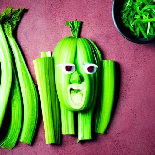 Prompt: selena gomez made out of celery, a human face with celery for hair, celery in the shape of a human face, a bunch of celery sitting on a cutting board, professional food photography